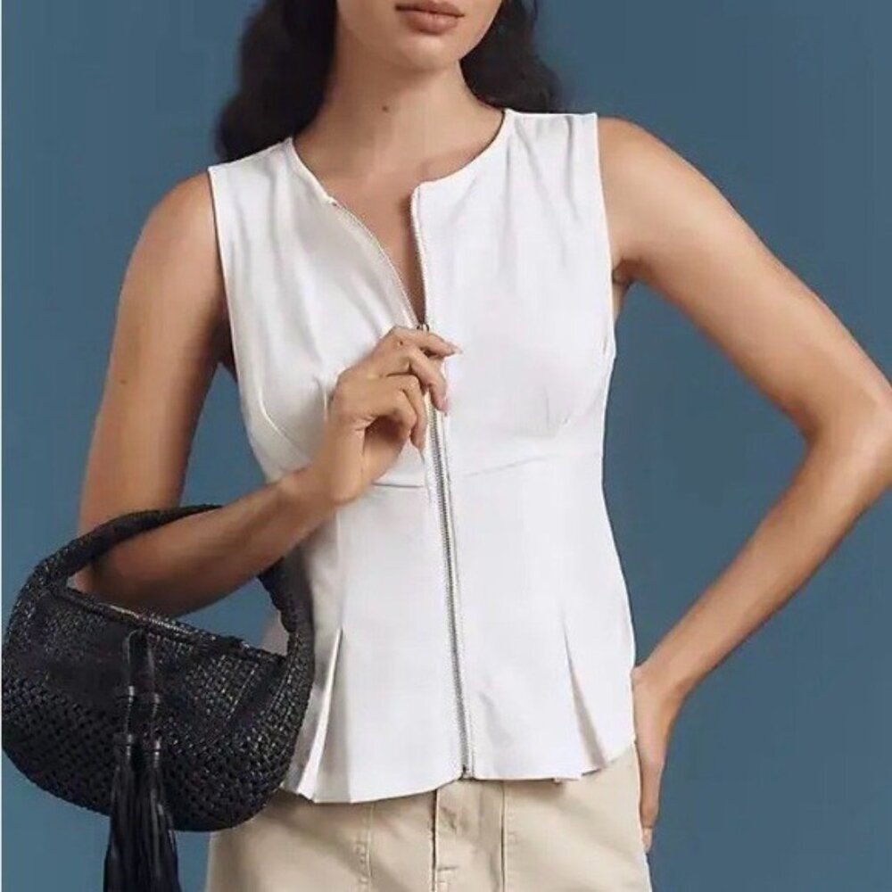 Anthropologie White Sleeveless Zip-Front Peplum Top